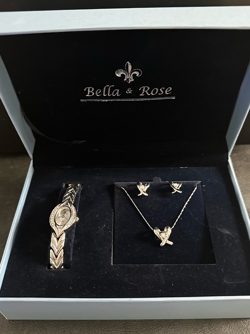 Bella & Rose Silver-Tone Watch with Heart Necklace/Earrings Set